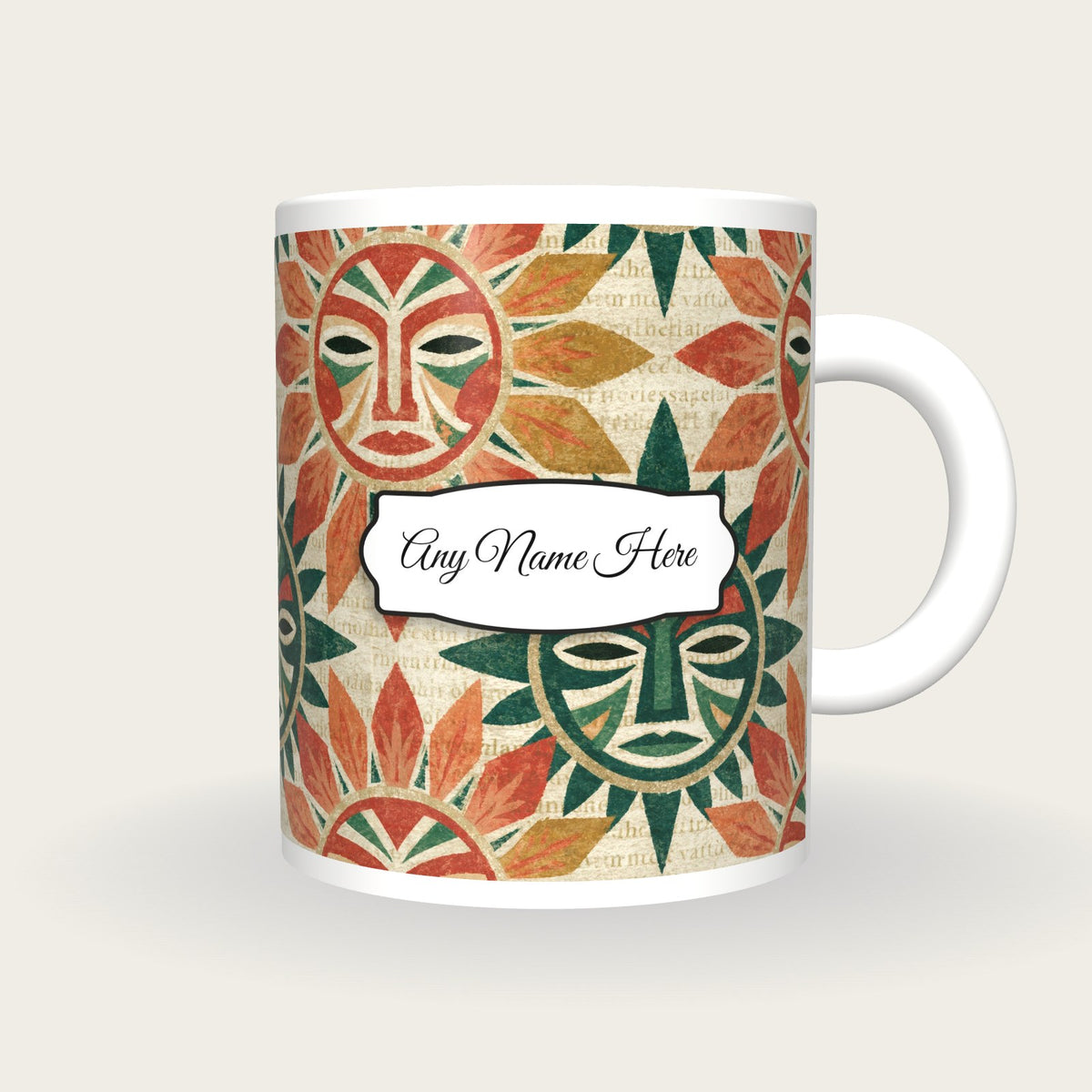 Mandala Tribal Masks Name Mug, front with the name label
