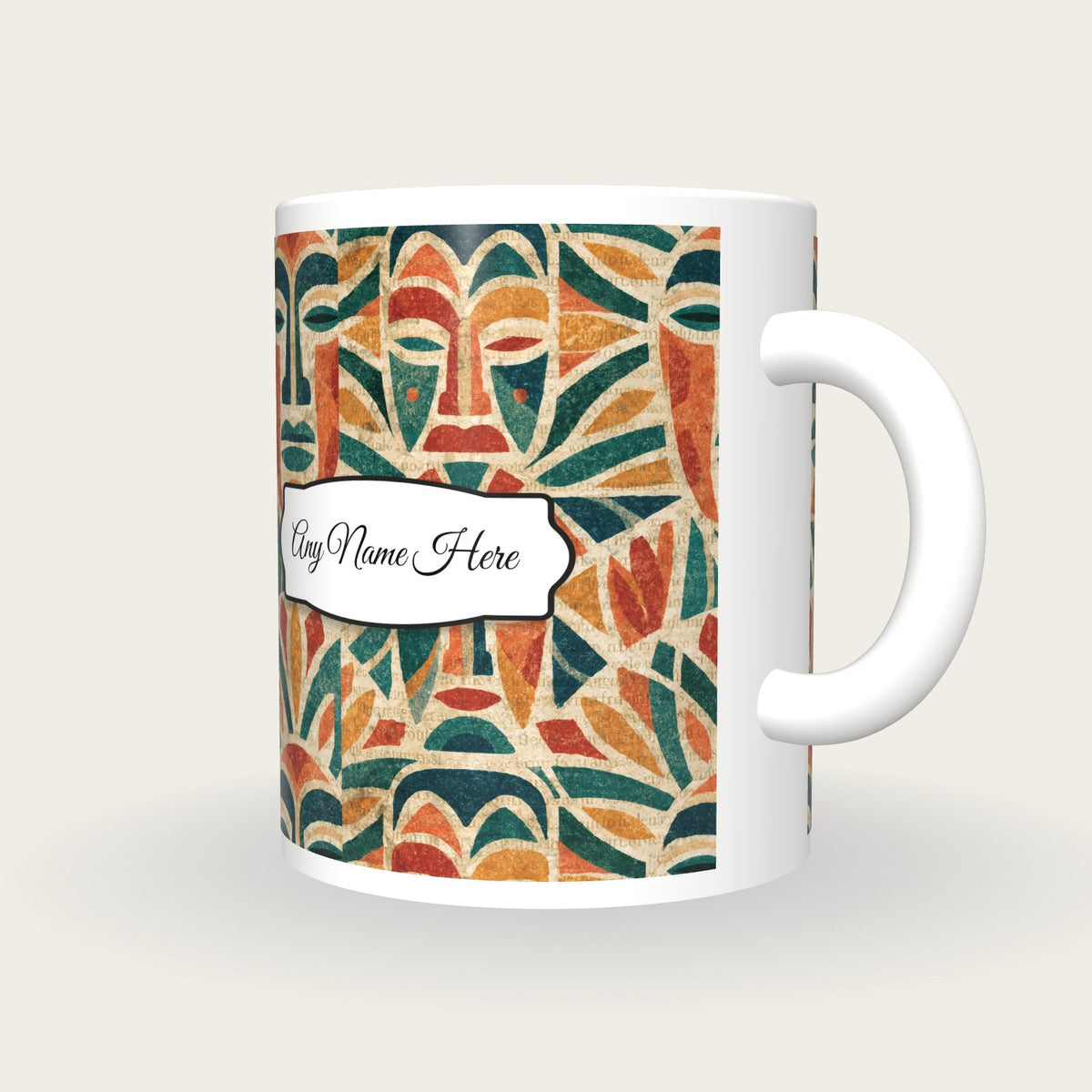 Mandala Tribal Masks Name Mug 3, three-quarter view