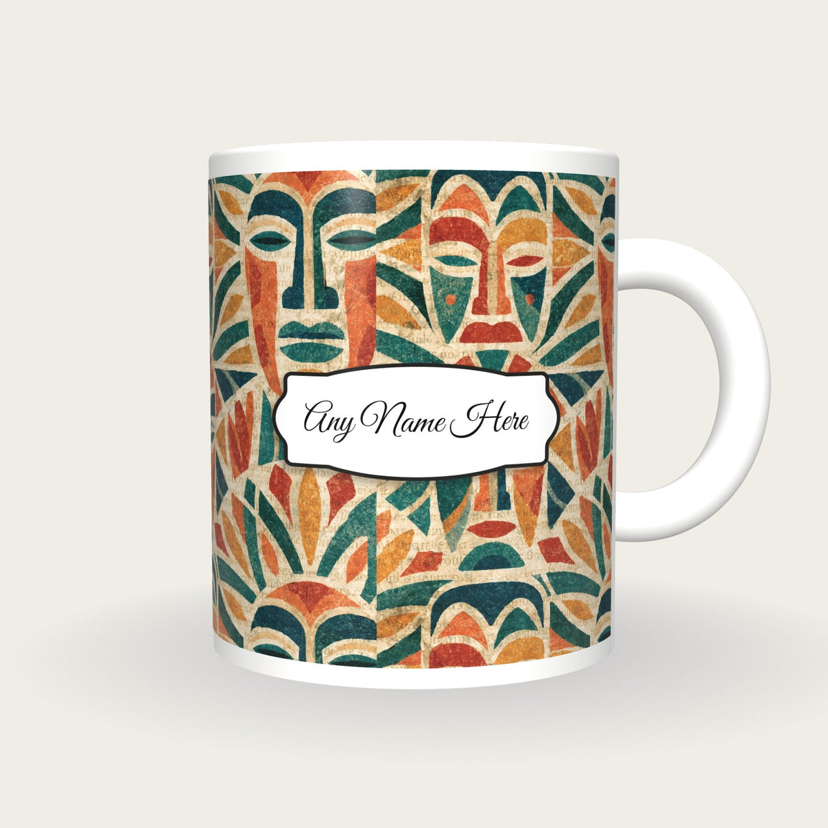 Mandala Tribal Masks Name Mug 3, front with the name label