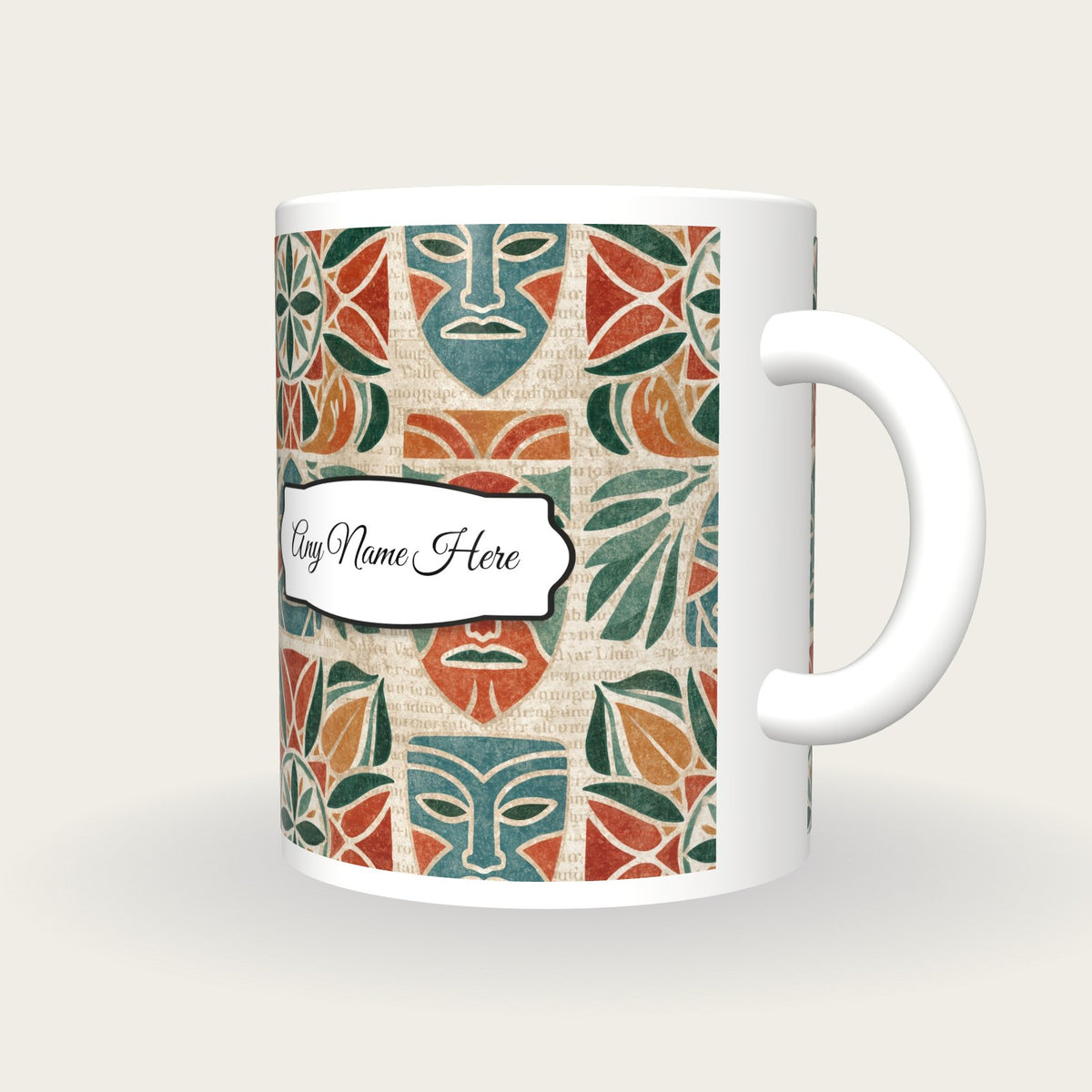 Mandala Tribal Masks Name Mug 2, three-quarter view