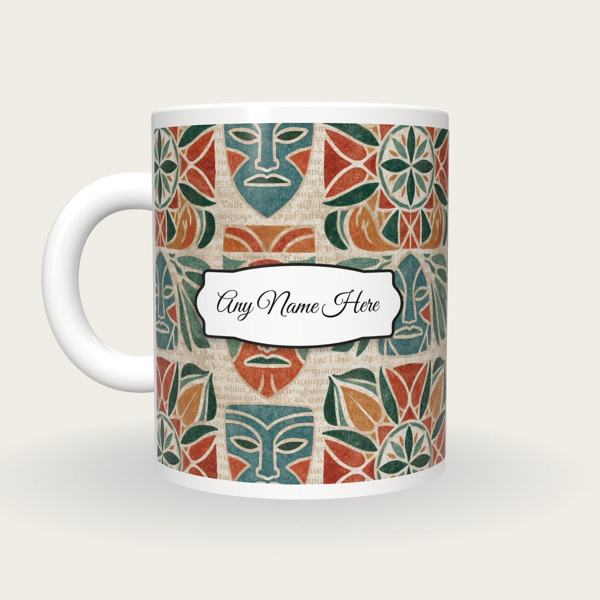 Mandala Tribal Masks Name Mug 2, back with the second name label