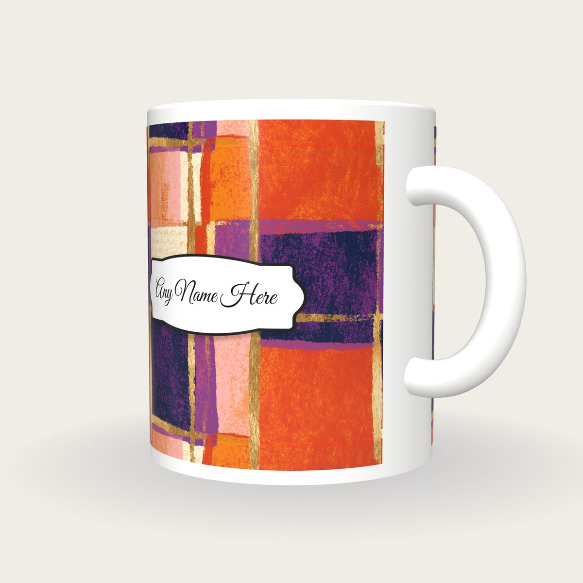 Pop Art Tangerine Abstract Name Mug, three-quarter view
