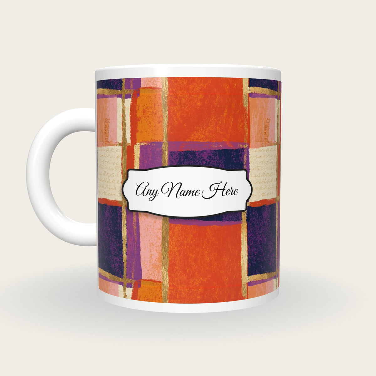 Pop Art Tangerine Abstract Name Mug, back with the second name label