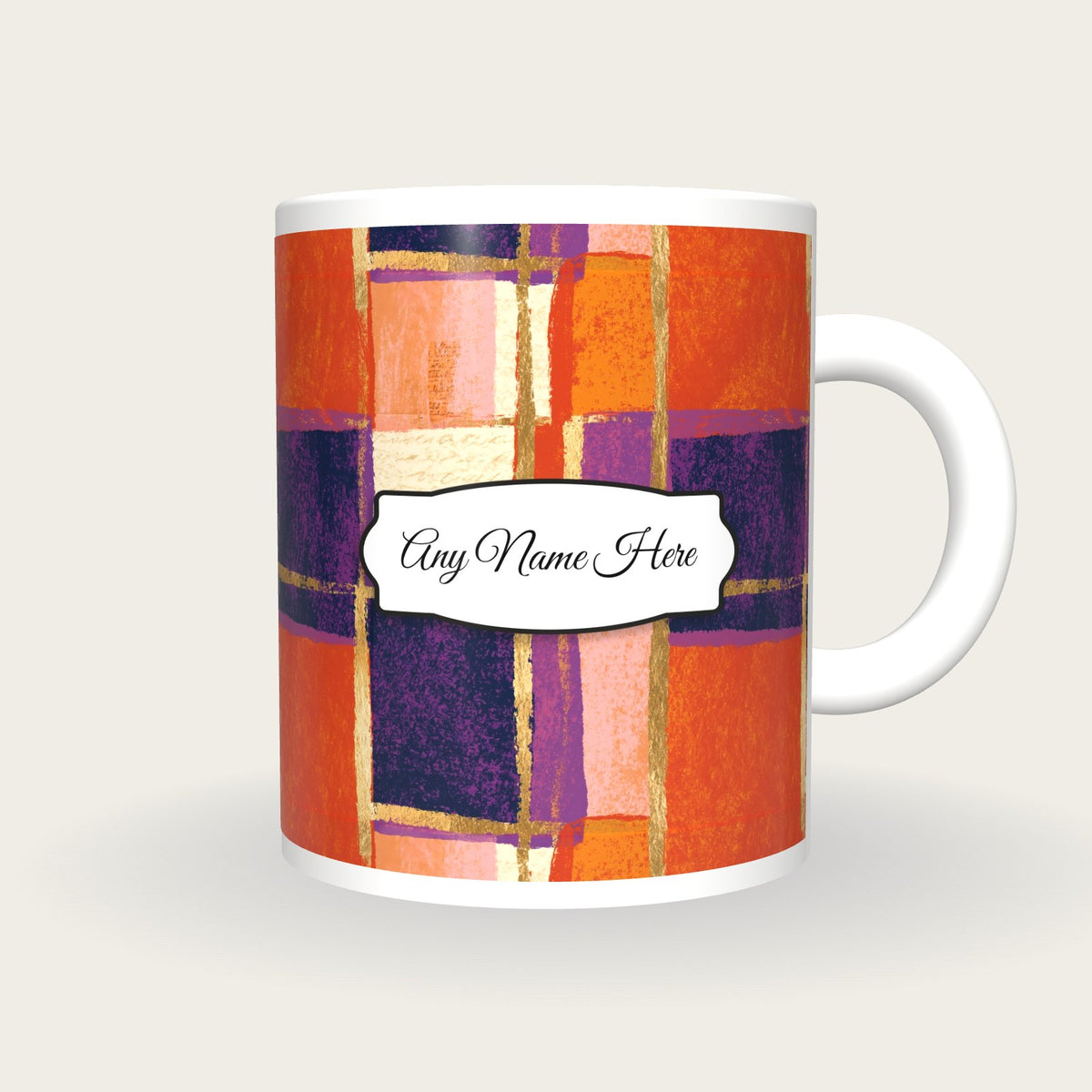 Pop Art Tangerine Abstract Name Mug, front with the name label