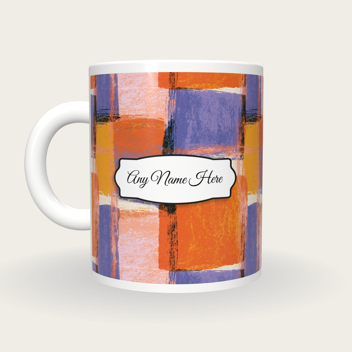 Pop Art Tangerine Abstract Name Mug 2, back with the second name label