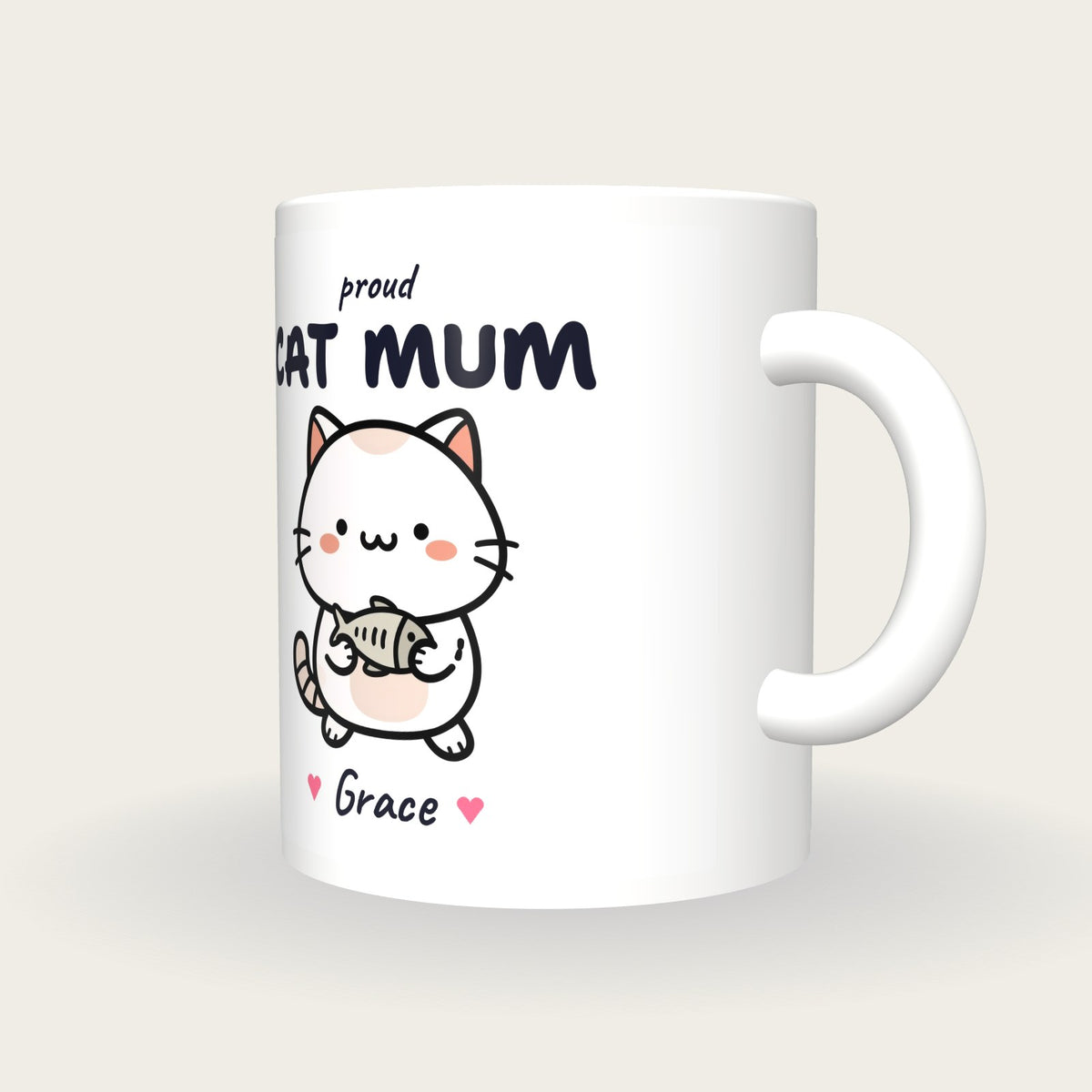 Personalised Kawaii Cat Mug, Cat Mum, three-quarter view