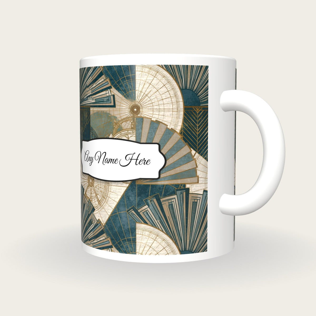 Art Deco Astrolabe Name Mug, three-quarter view