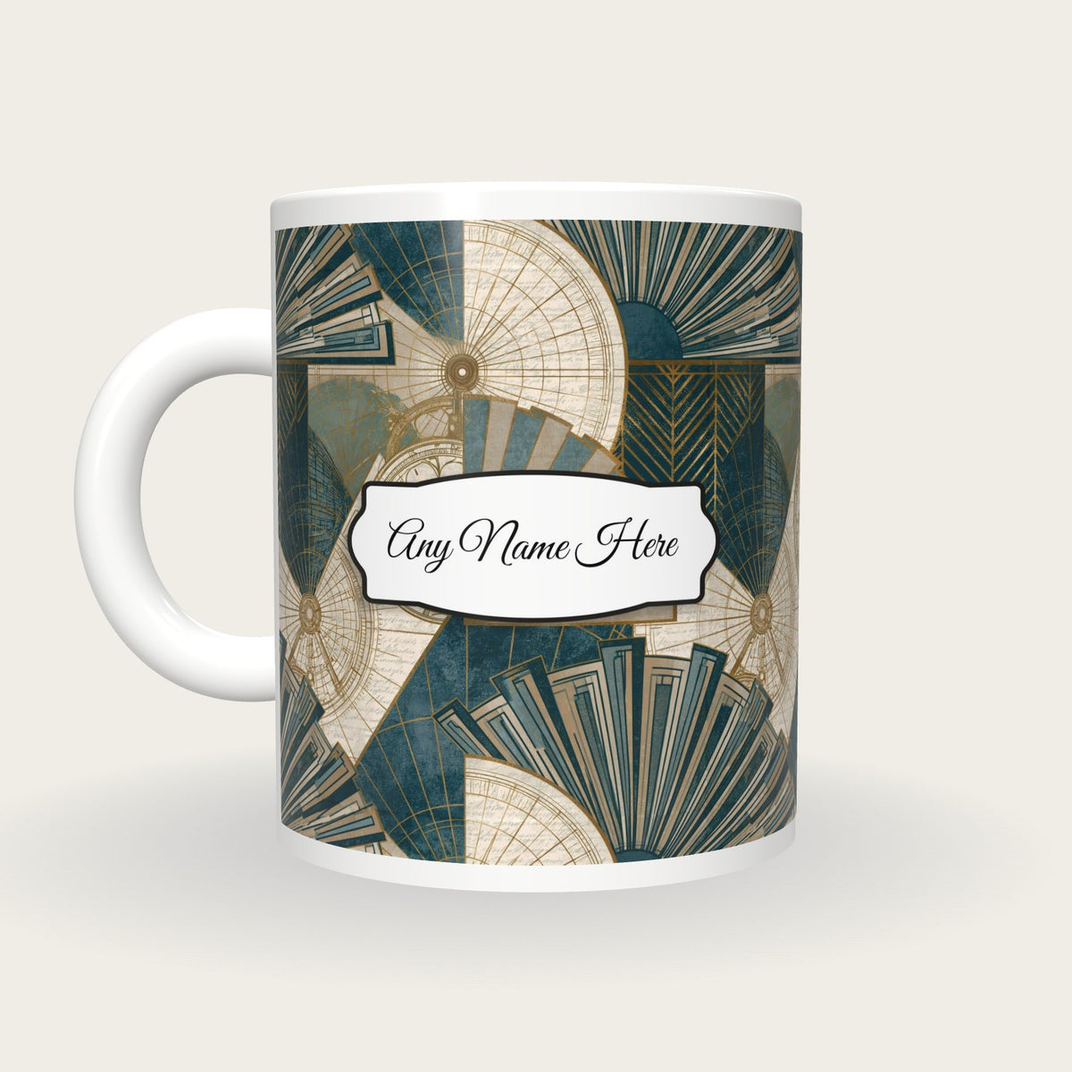 Art Deco Astrolabe Name Mug, back with the second name label