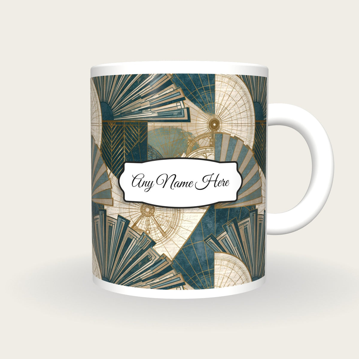 Art Deco Astrolabe Name Mug, front with the name label