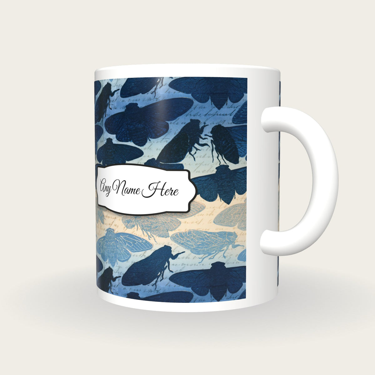Letterpress Cicadas Name Mug, three-quarter view