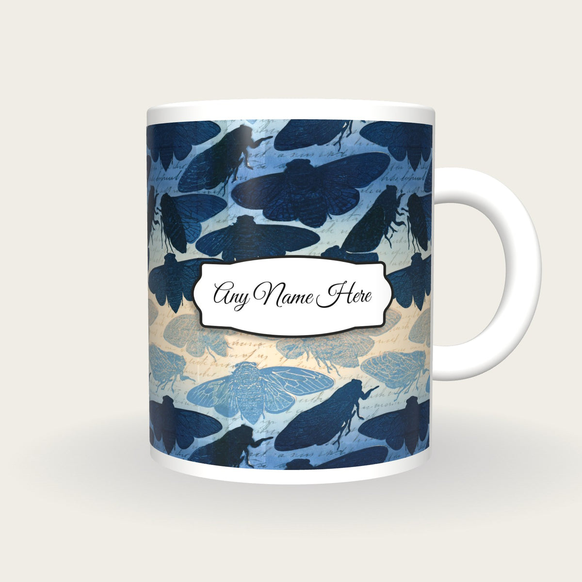 Letterpress Cicadas Name Mug, front with the name label