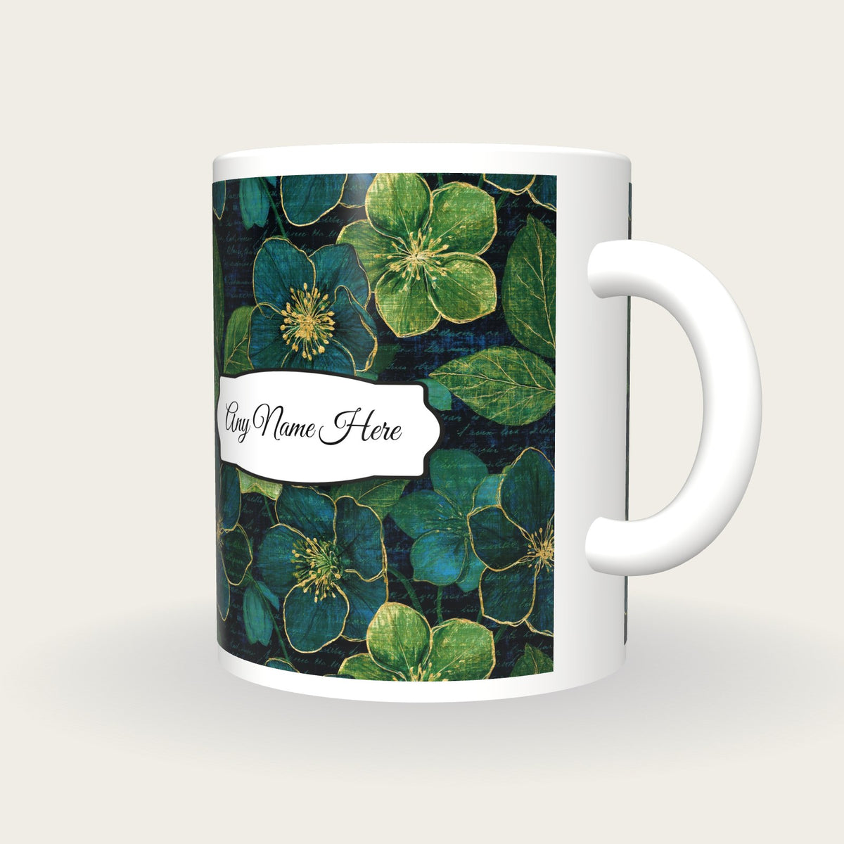 Scratchboard Hellebore Name Mug, three-quarter view