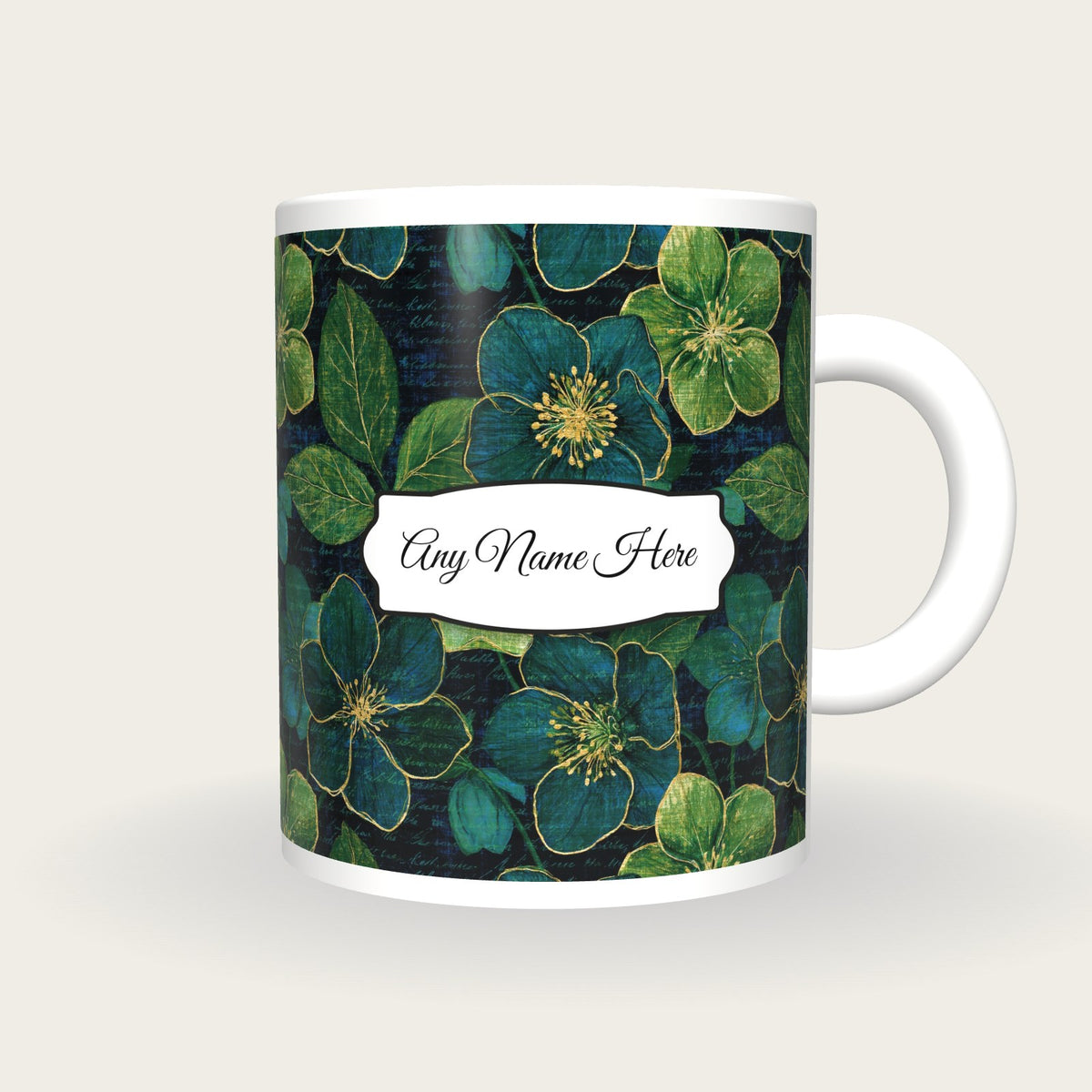 Scratchboard Hellebore Name Mug, front with the name label