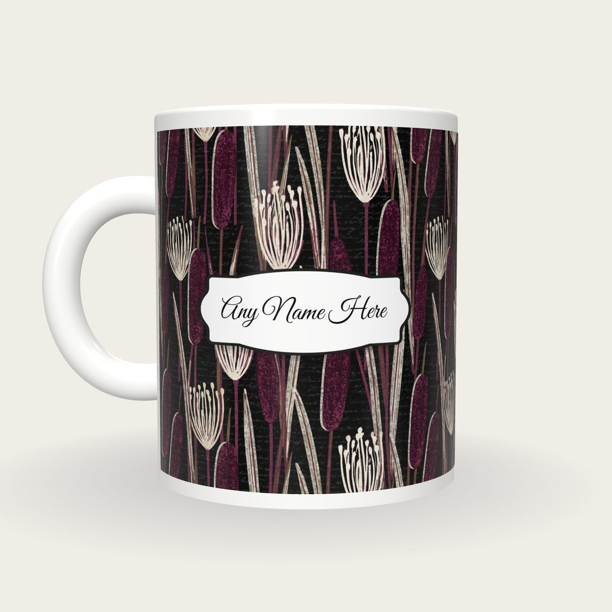 Indian Block Print Bulrush Name Mug, back with the second name label