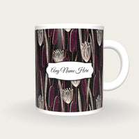 Indian Block Print Bulrush Name Mug, front with the name label
