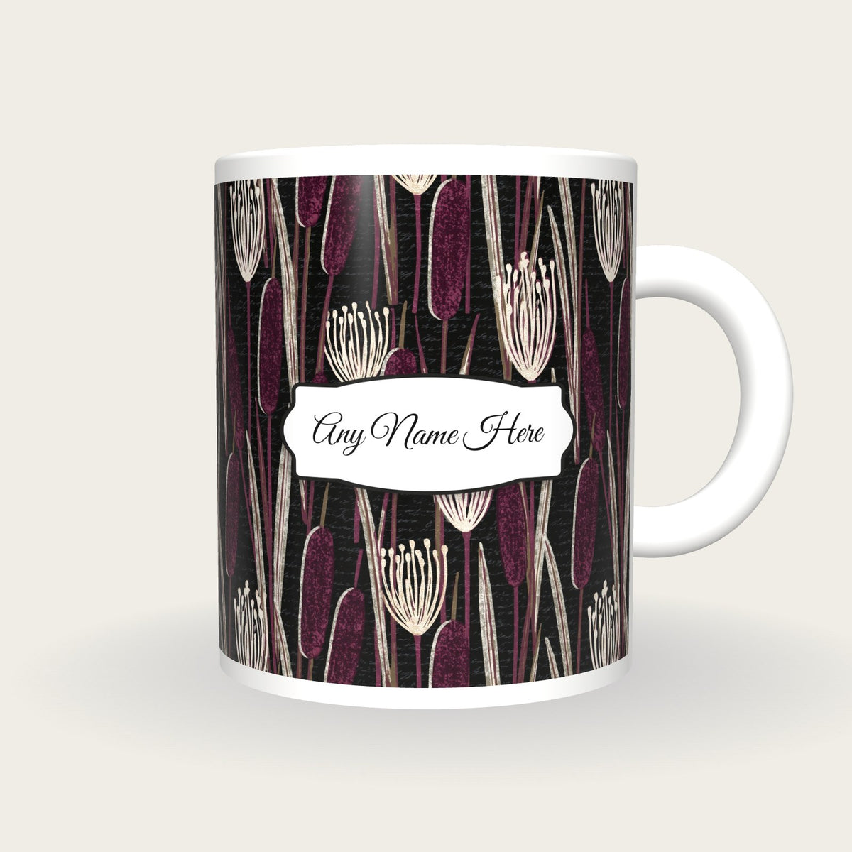 Indian Block Print Bulrush Name Mug, front with the name label