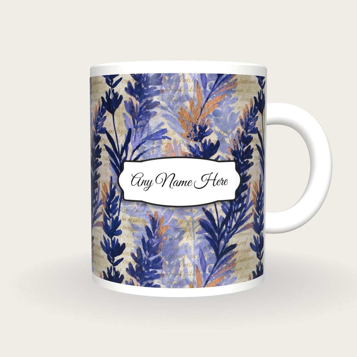 Watercolour Lavender Abstract Name Mug 2, front with the name label