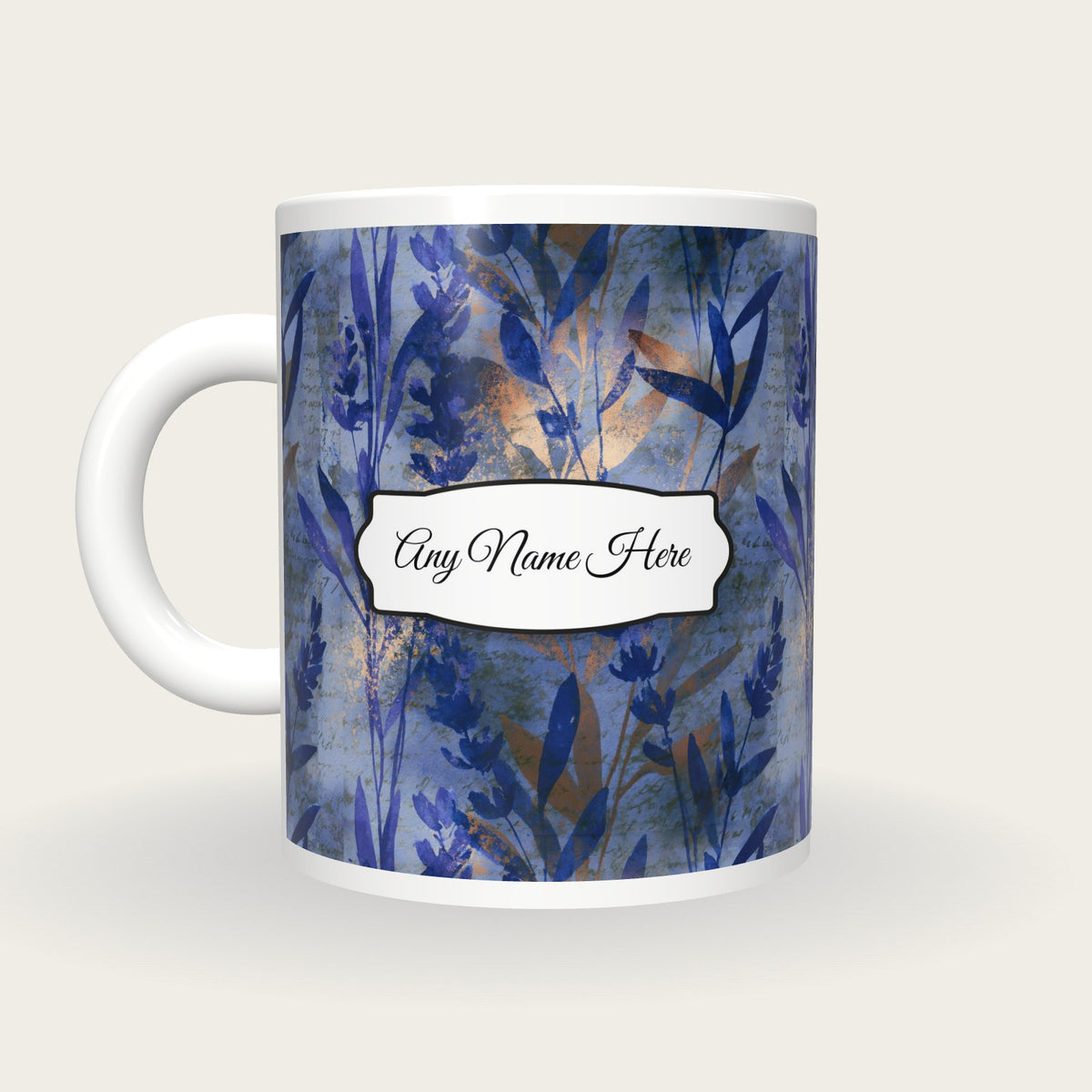 Watercolour Lavender Abstract Name Mug, back with the second name label