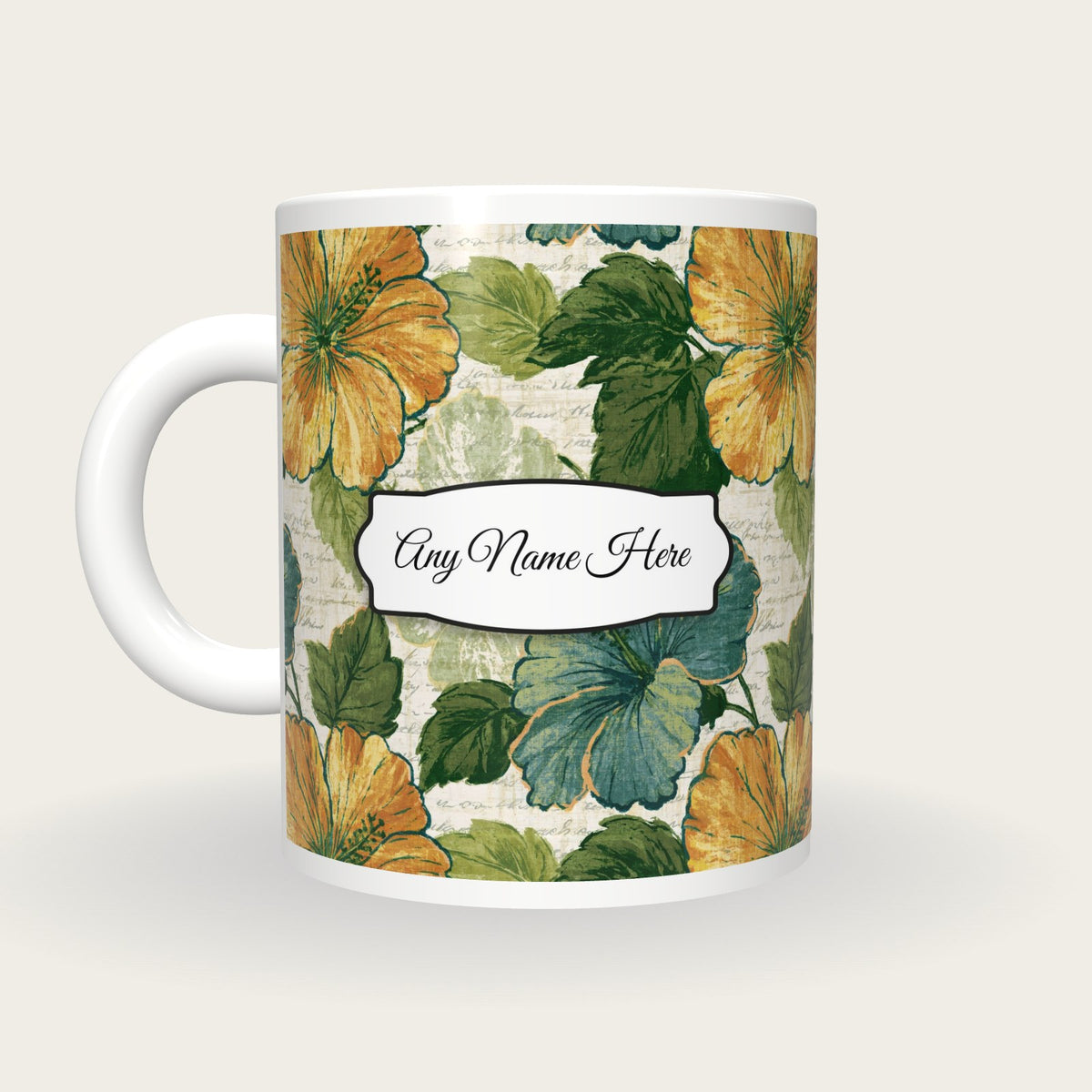 Indian Block Print Hibiscus Name Mug 2, back with the second name label