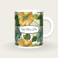 Indian Block Print Hibiscus Name Mug 2, front with the name label