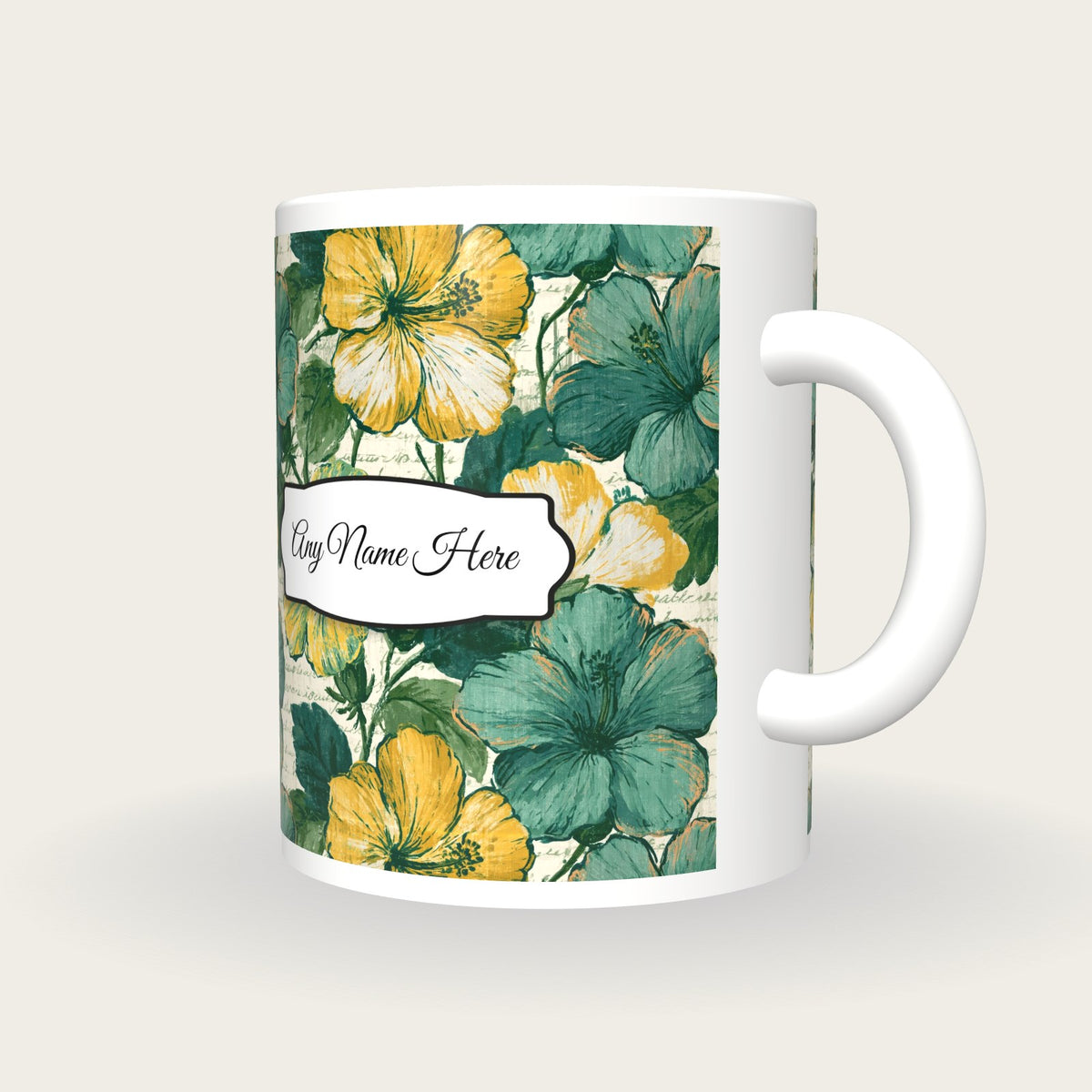 Indian Block Print Hibiscus Name Mug, three-quarter view