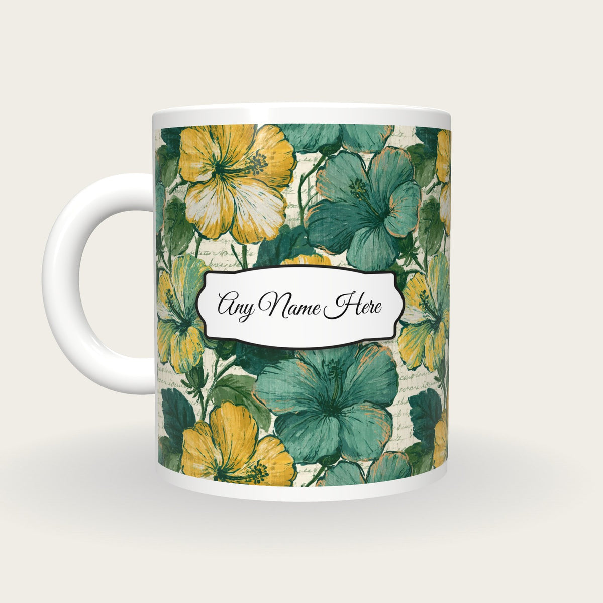 Indian Block Print Hibiscus Name Mug, back with the second name label