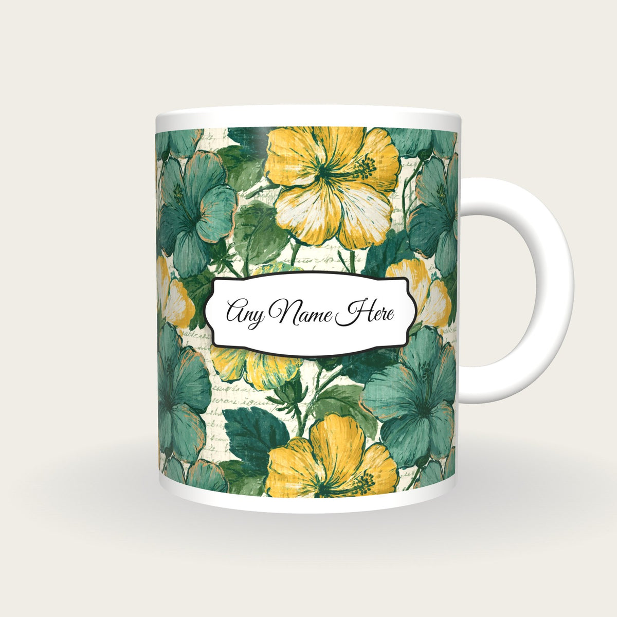 Indian Block Print Hibiscus Name Mug, front with the name label