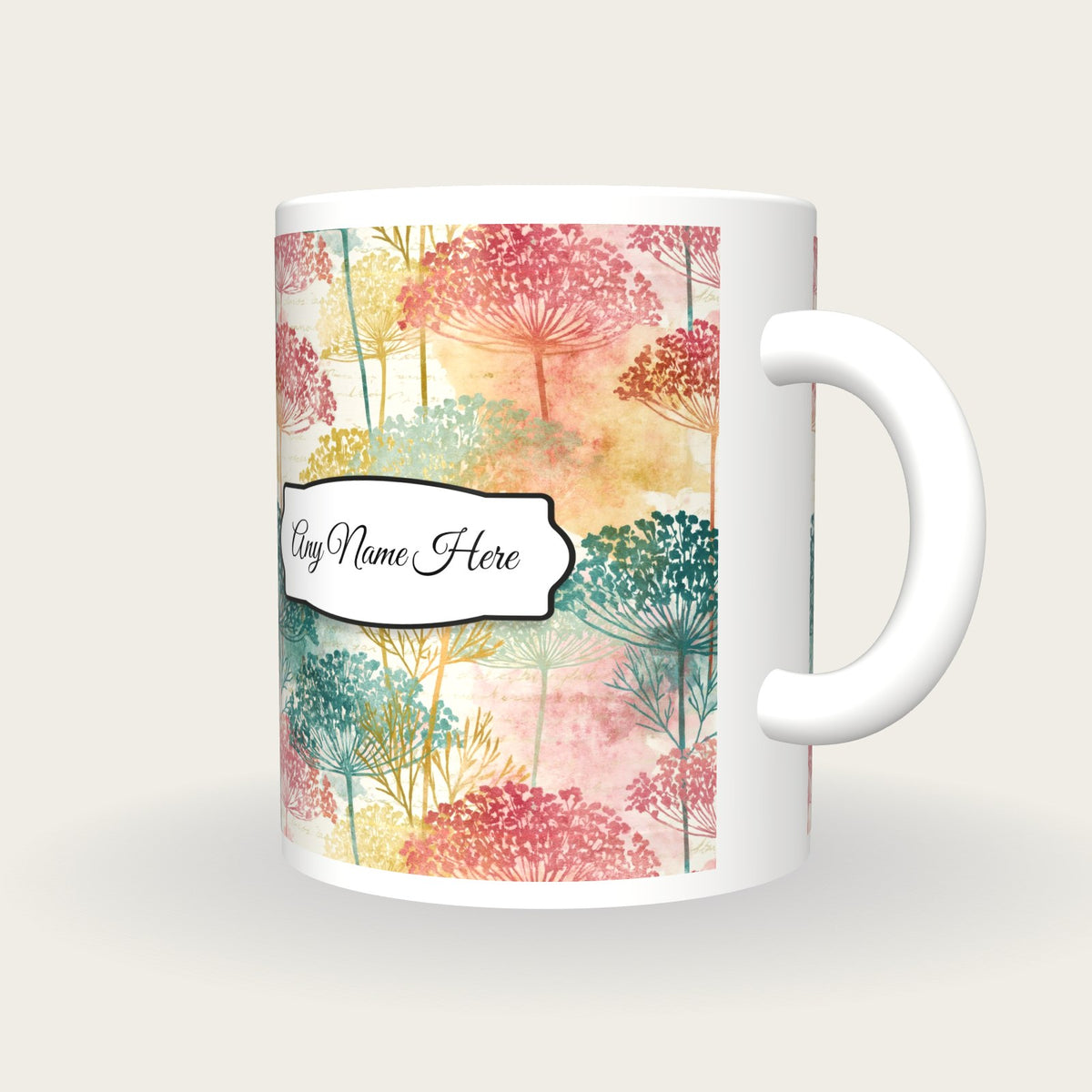 Watercolour Queens Lace Name Mug, three-quarter view