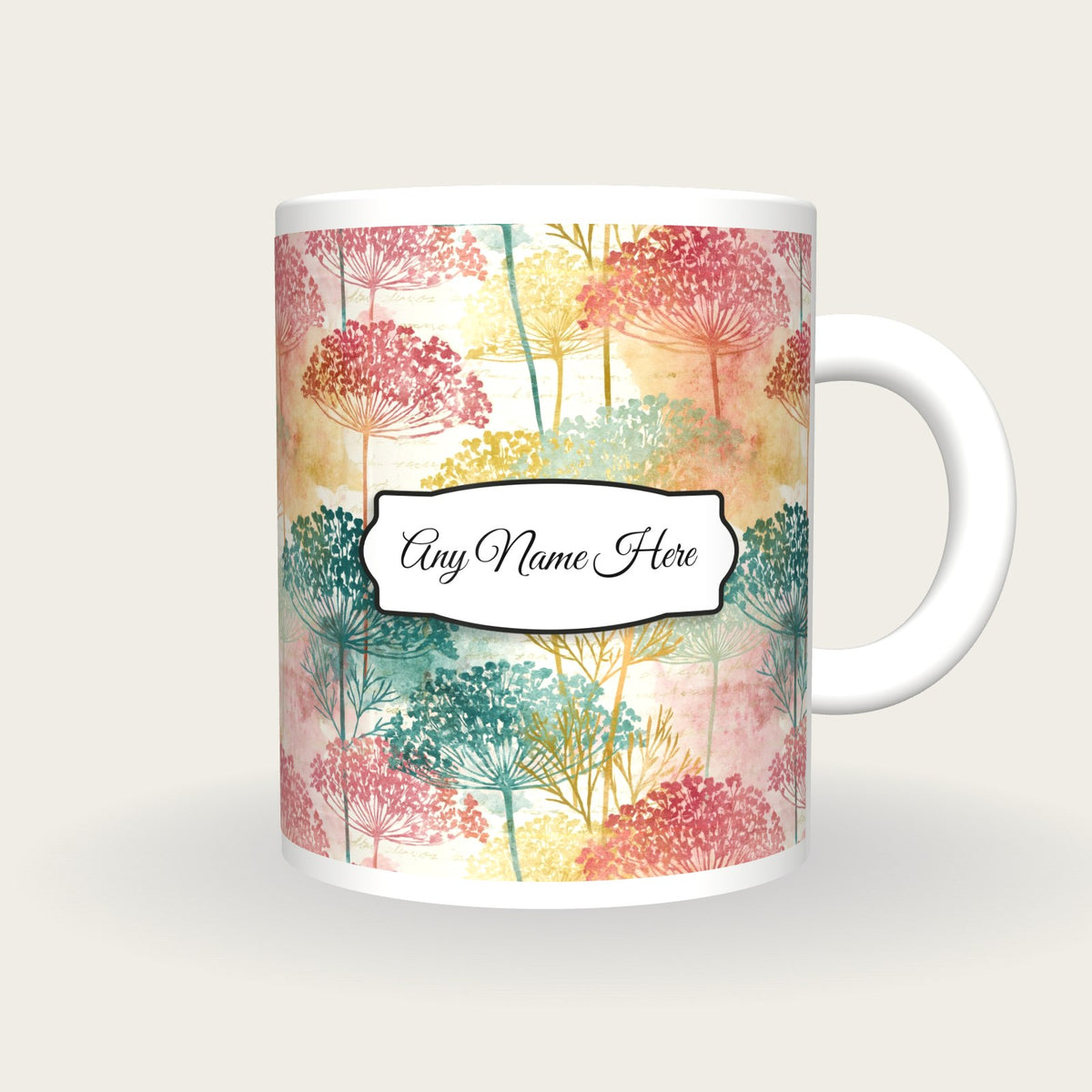 Watercolour Queens Lace Name Mug, front with the name label