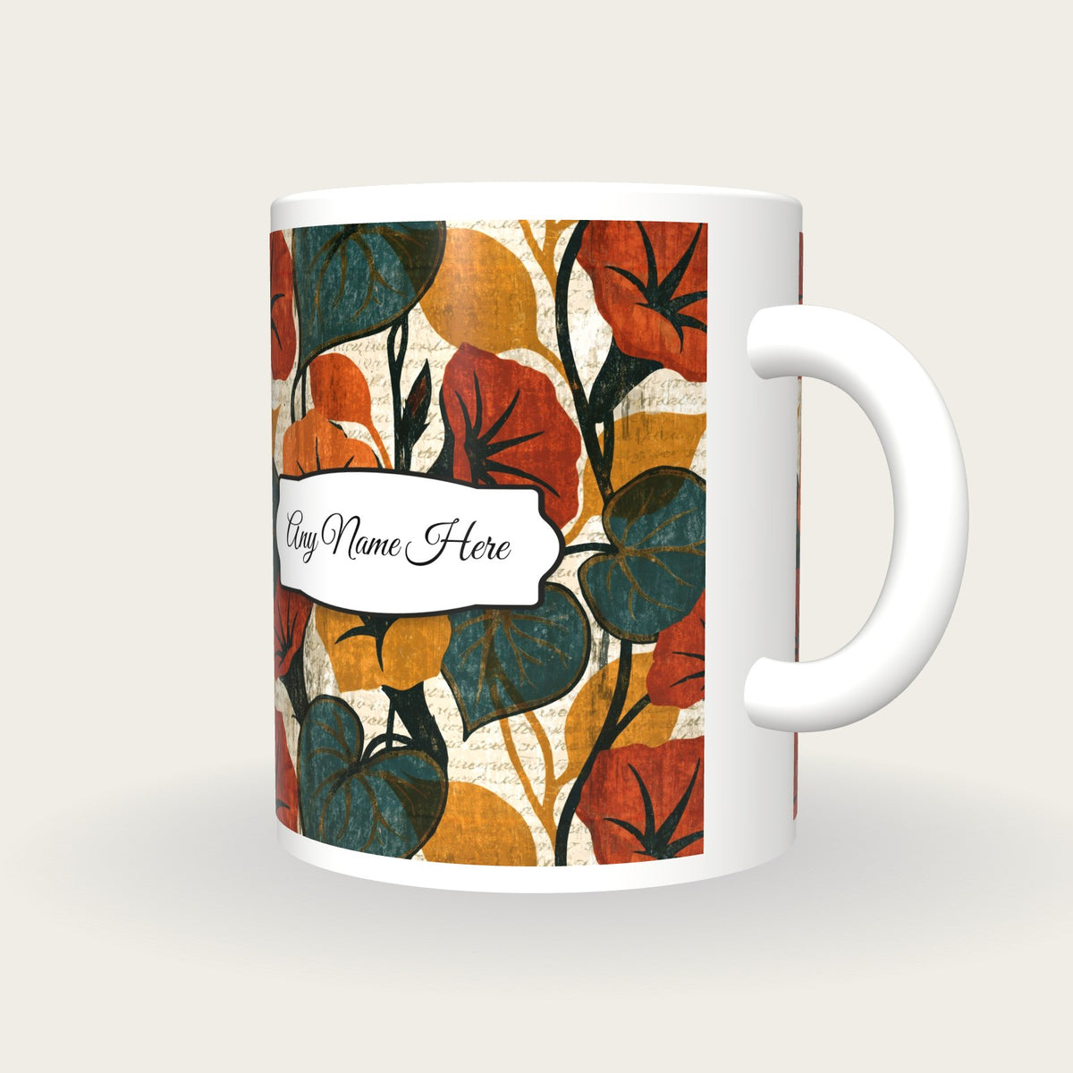 Woodcut Morning Glory Name Mug, three-quarter view