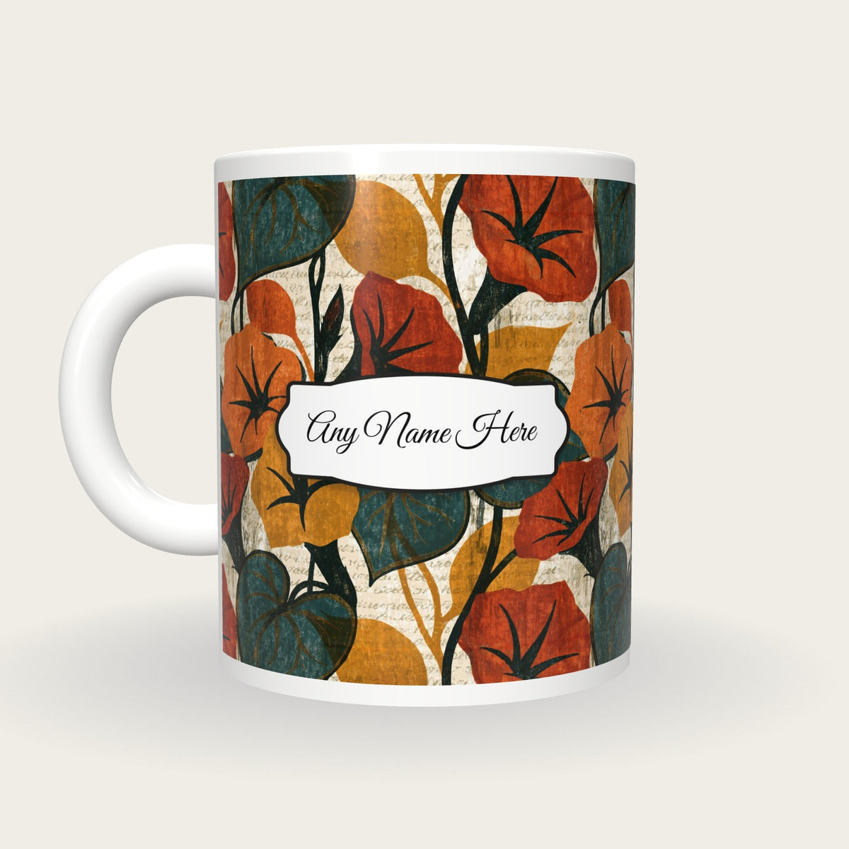 Woodcut Morning Glory Name Mug, back with the second name label