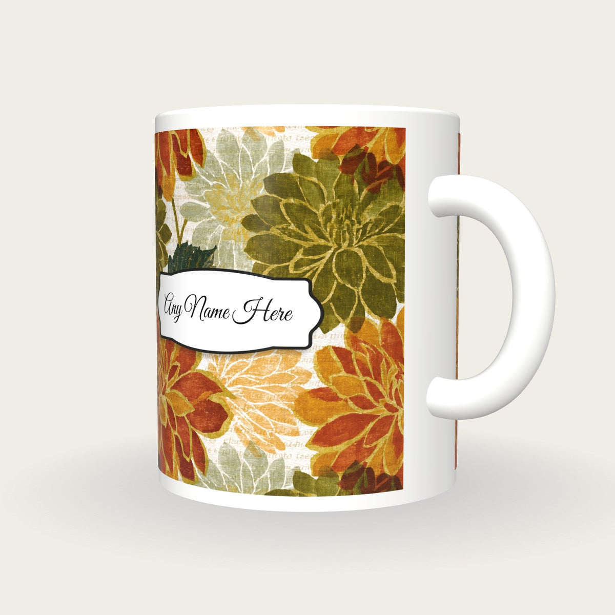 Woodcut Dahlias Name Mug, three-quarter view