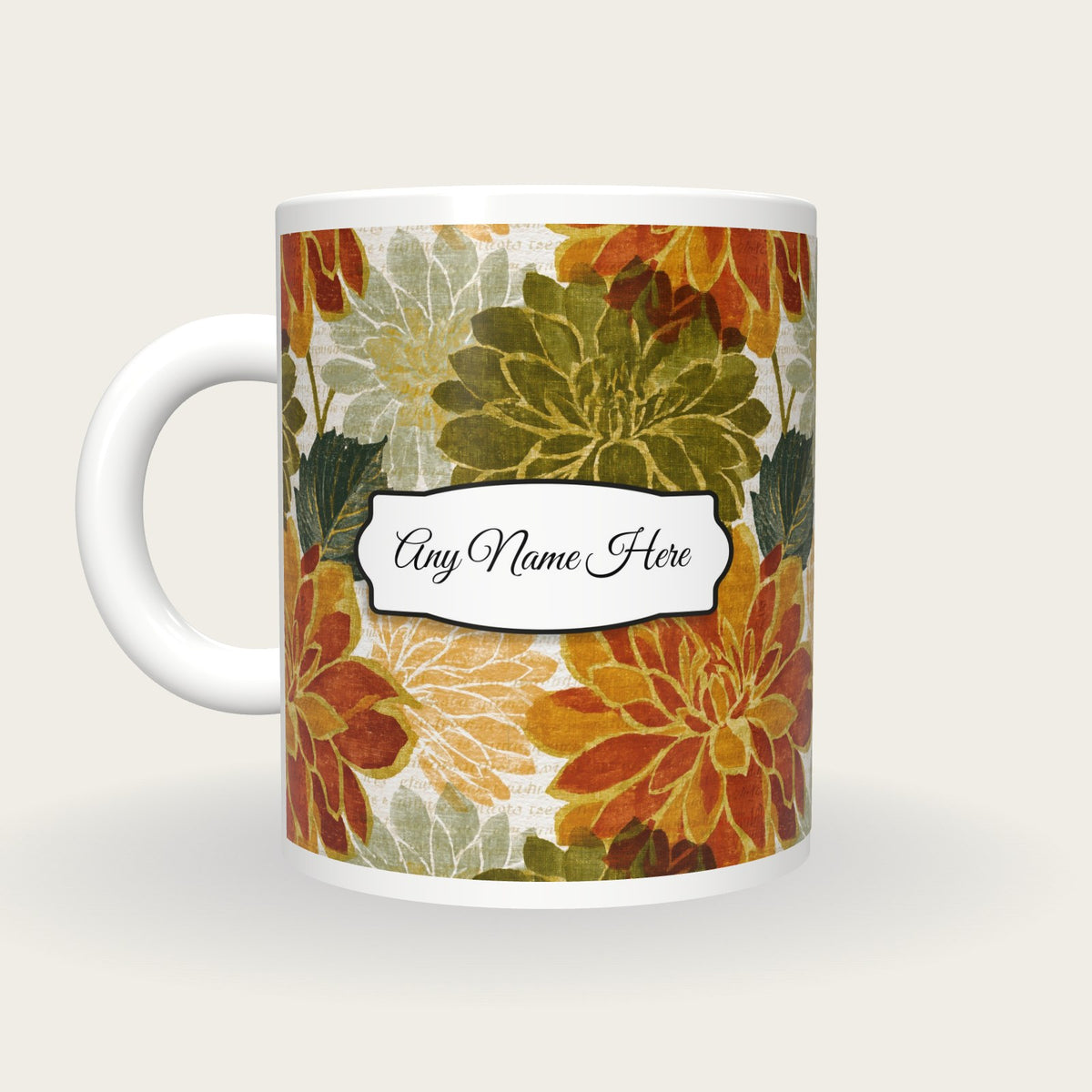 Woodcut Dahlias Name Mug, back with the second name label