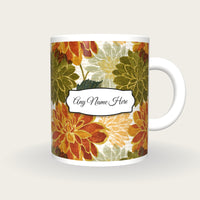 Woodcut Dahlias Name Mug, front with the name label