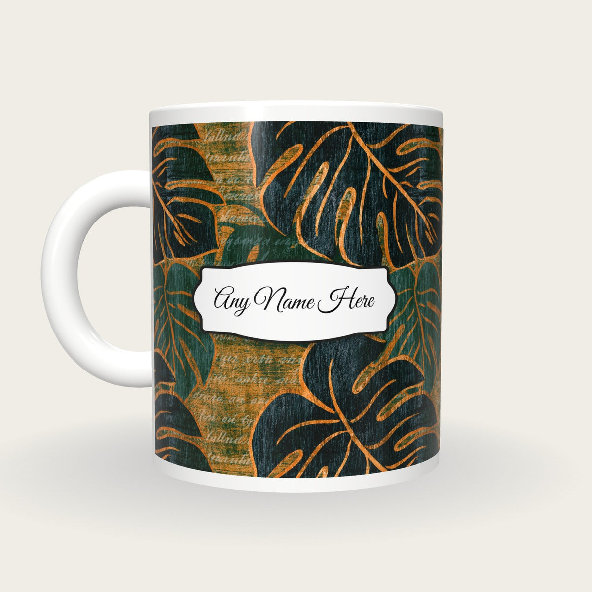 Woodcut Monstera Name Mug, back with the second name label