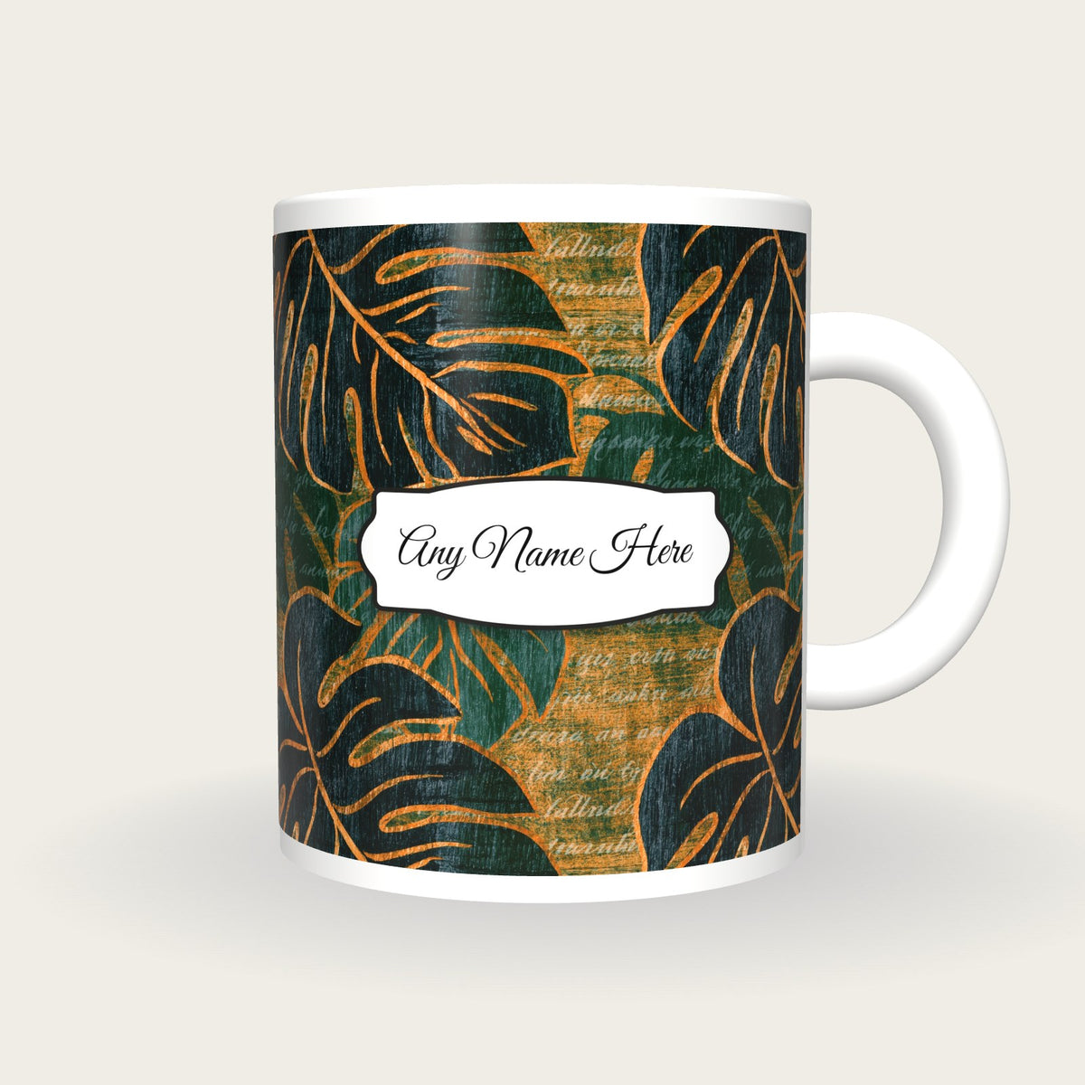 Woodcut Monstera Name Mug, front with the name label