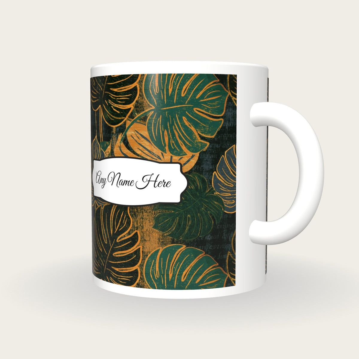 Woodcut Monstera Name Mug 2, three-quarter view