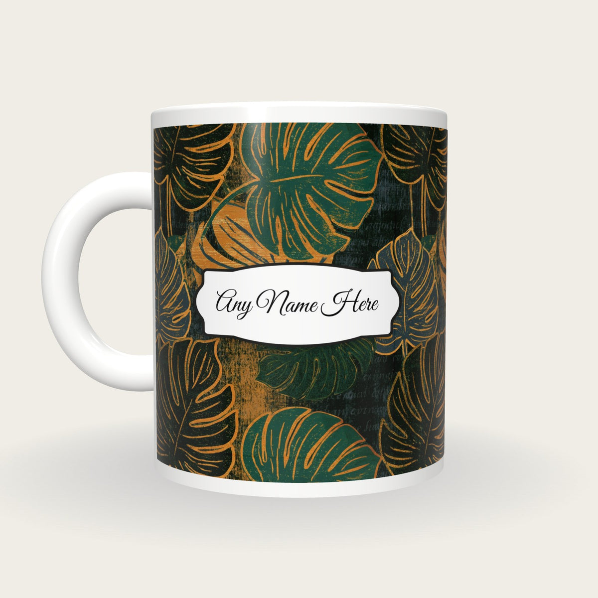 Woodcut Monstera Name Mug 2, back with the second name label