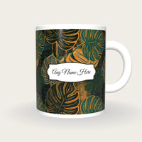 Woodcut Monstera Name Mug 2, front with the name label