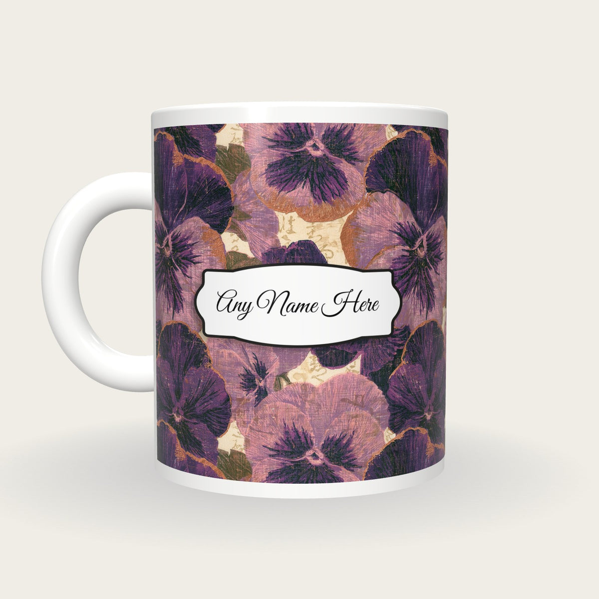 Woodcut Pansies Name Mug, back with the second name label