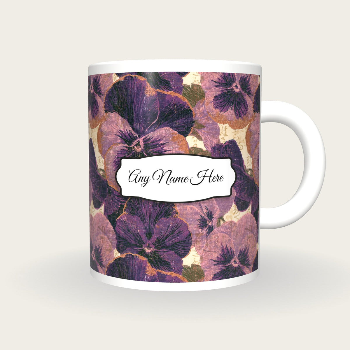 Woodcut Pansies Name Mug, front with the name label