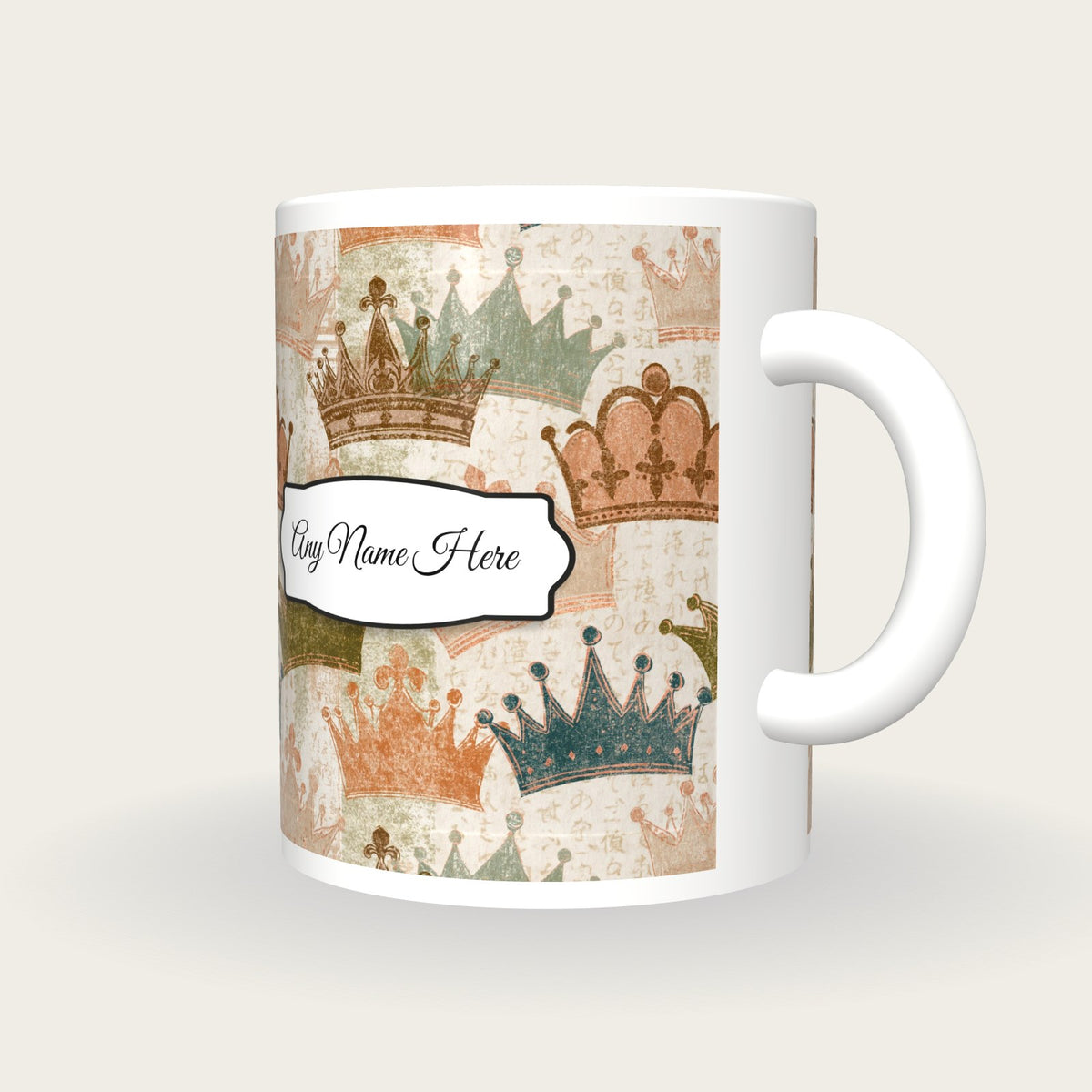 Woodblock Tiaras Name Mug, three-quarter view