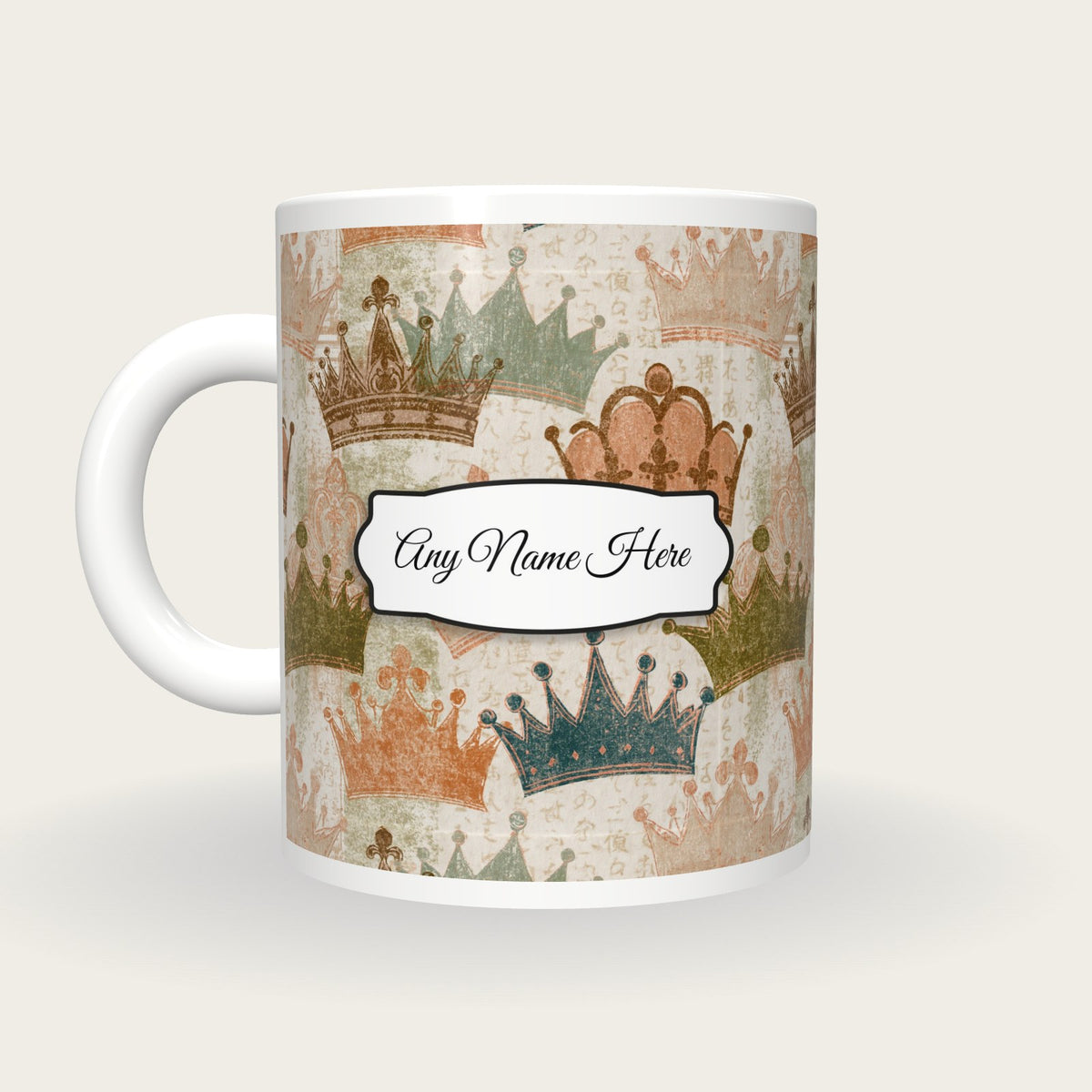 Woodblock Tiaras Name Mug, back with the second name label