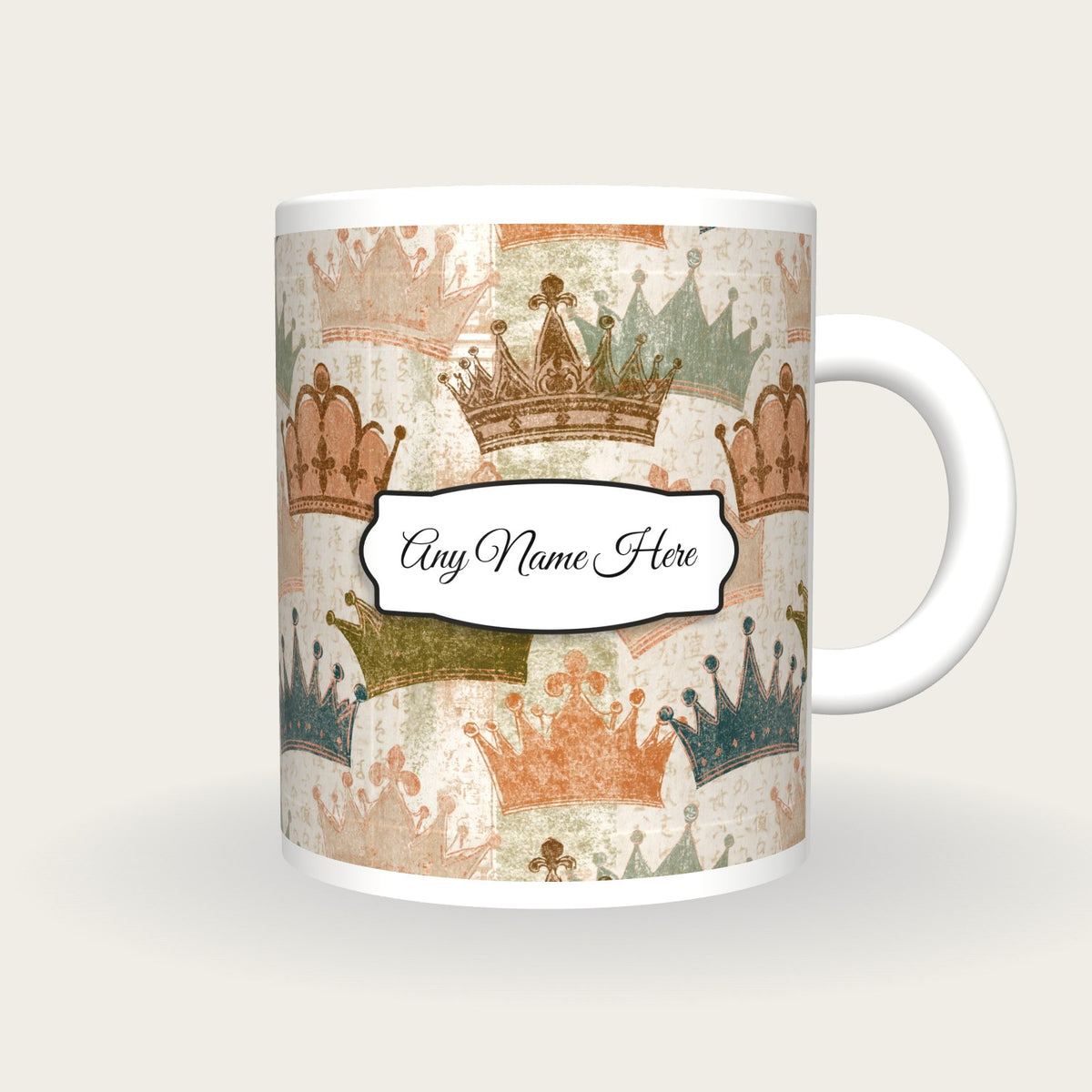 Woodblock Tiaras Name Mug, front with the name label