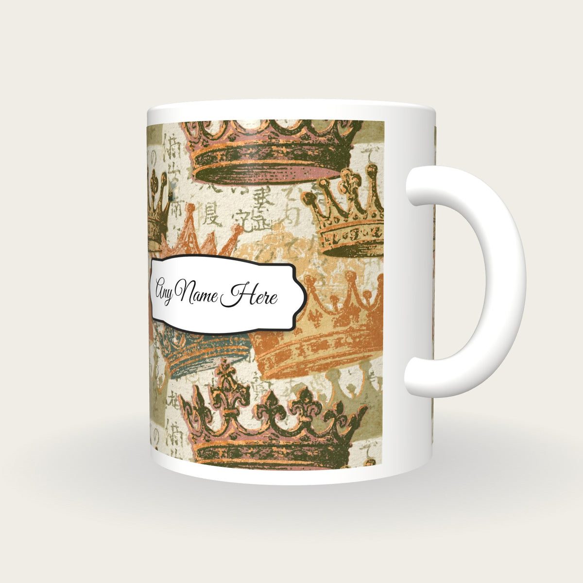 Woodblock Tiaras Name Mug 2, three-quarter view