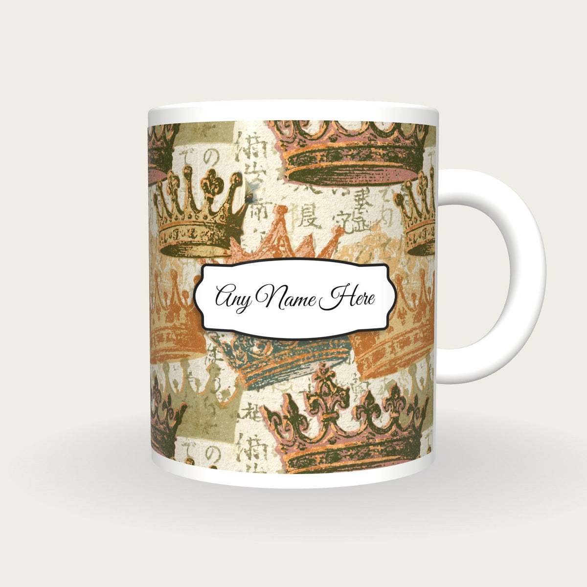 Woodblock Tiaras Name Mug 2, front with the name label