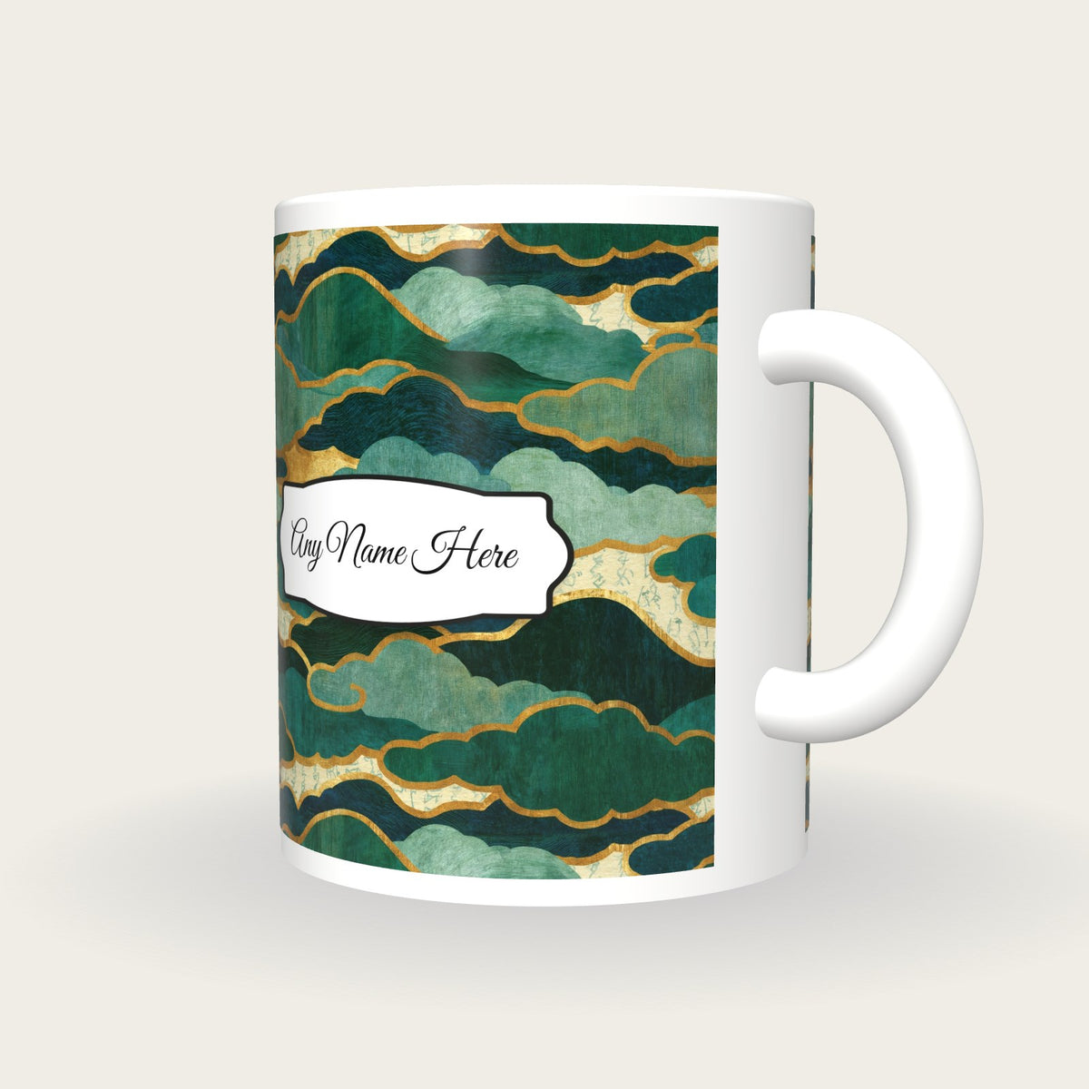 Woodcut Fog Banks Name Mug, three-quarter view