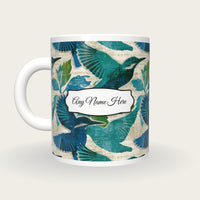 Minimal Kingfisher Name Mug, back with the second name label