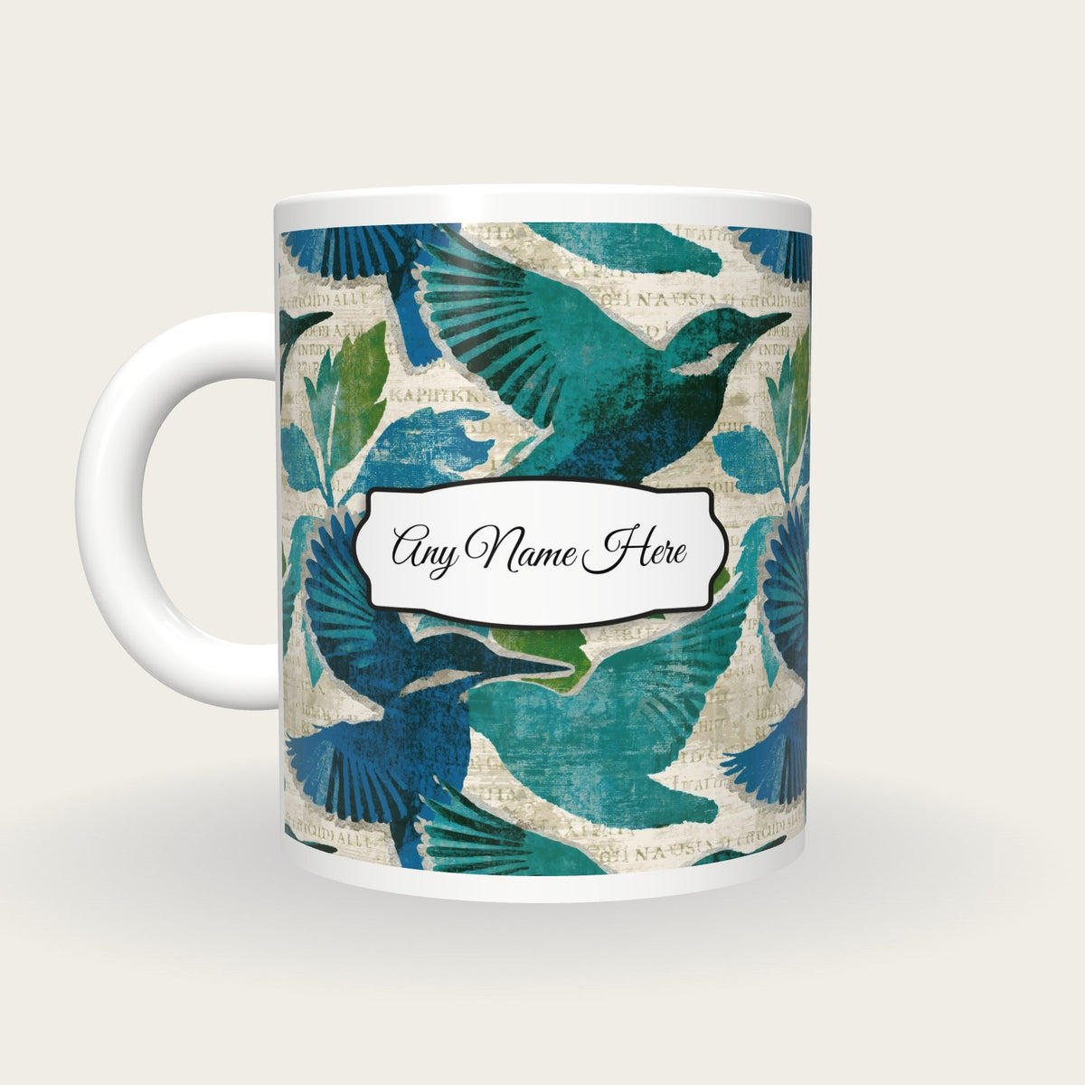Minimal Kingfisher Name Mug, back with the second name label