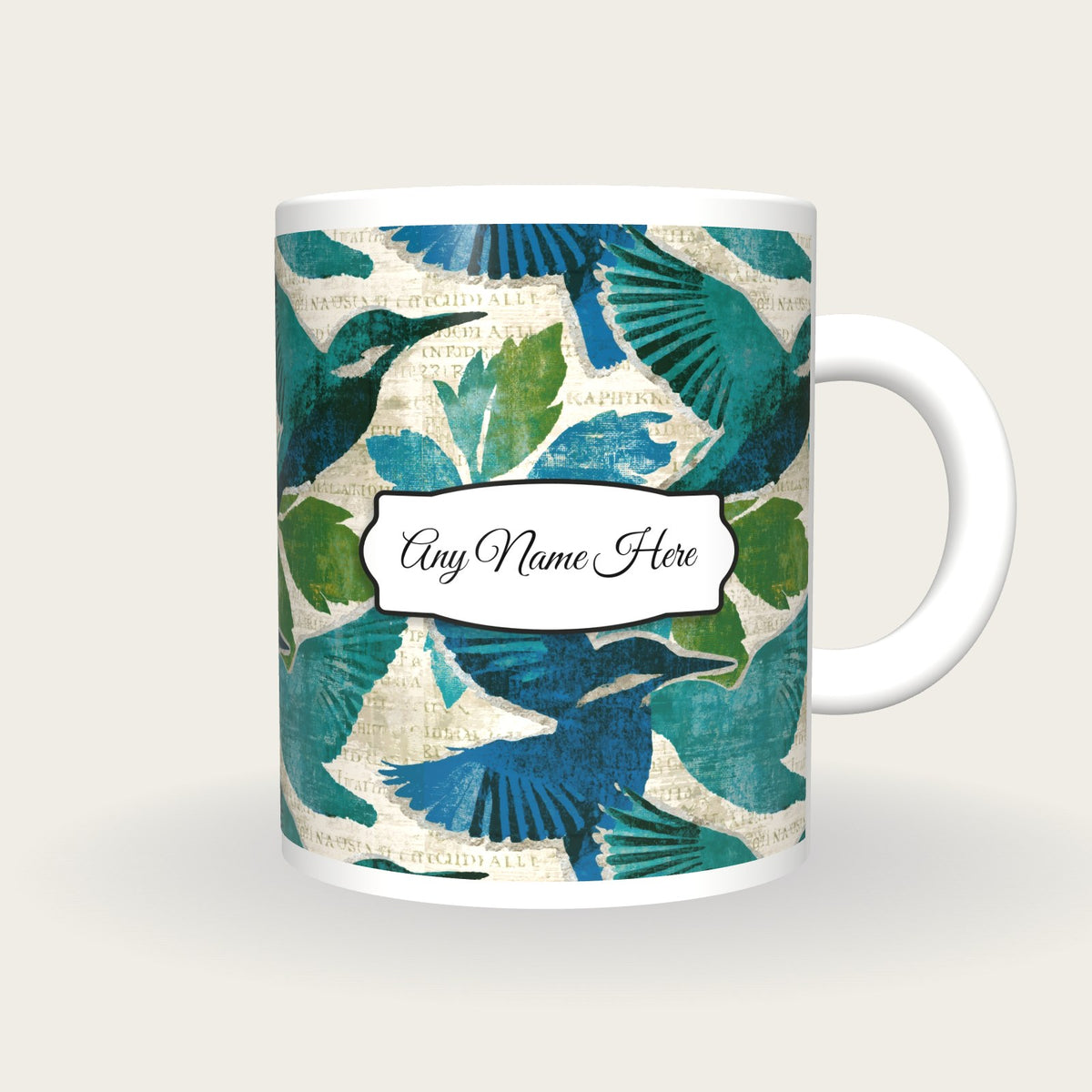 Minimal Kingfisher Name Mug, front with the name label